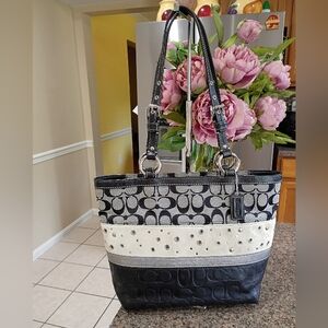 COACH Signature Jacquard Suede Patchwork Leather Tote Purse Grommet Large F13075